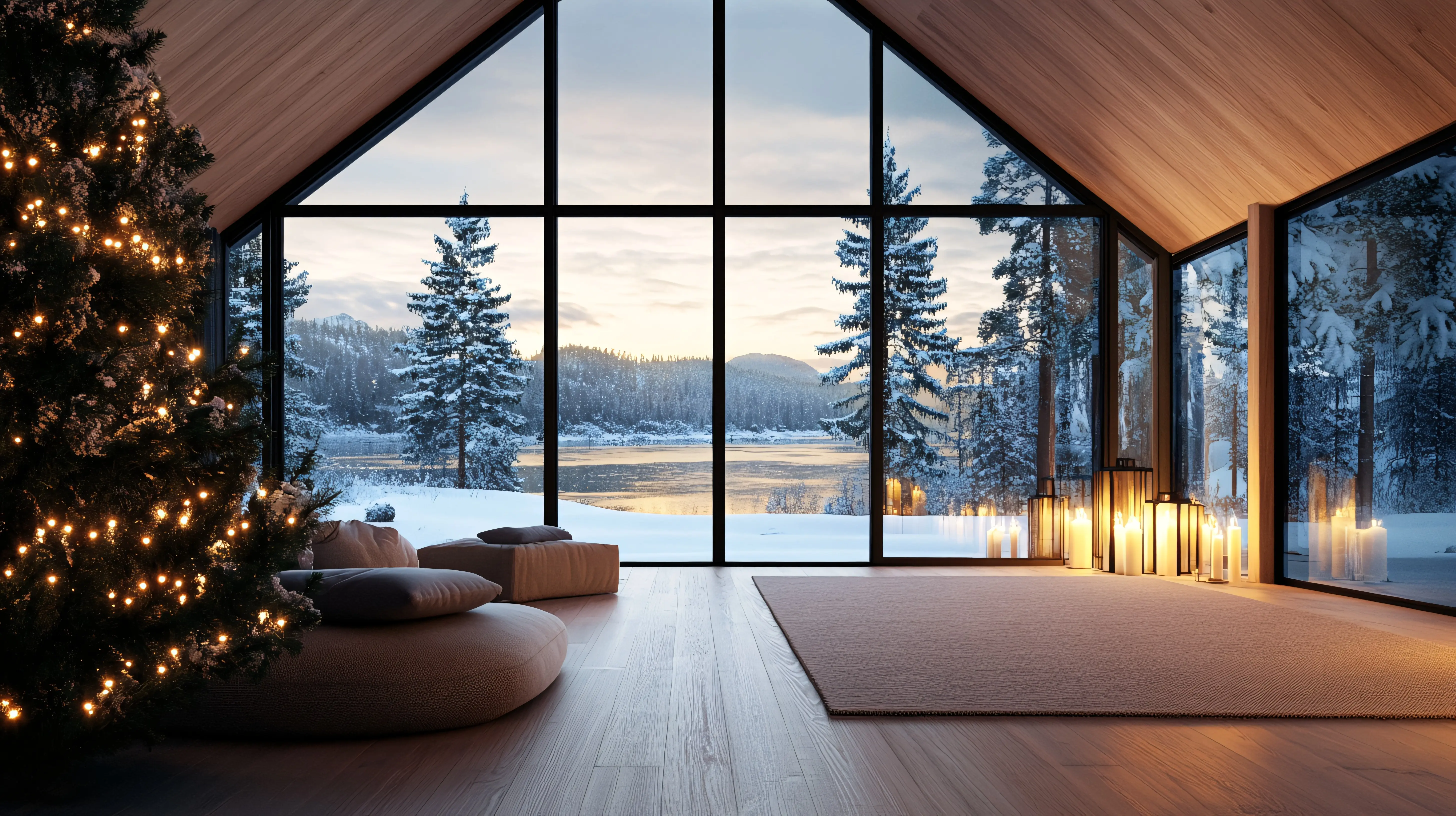A snug winter cabin with large windows overlooking a snow-covered landscape at sunset.