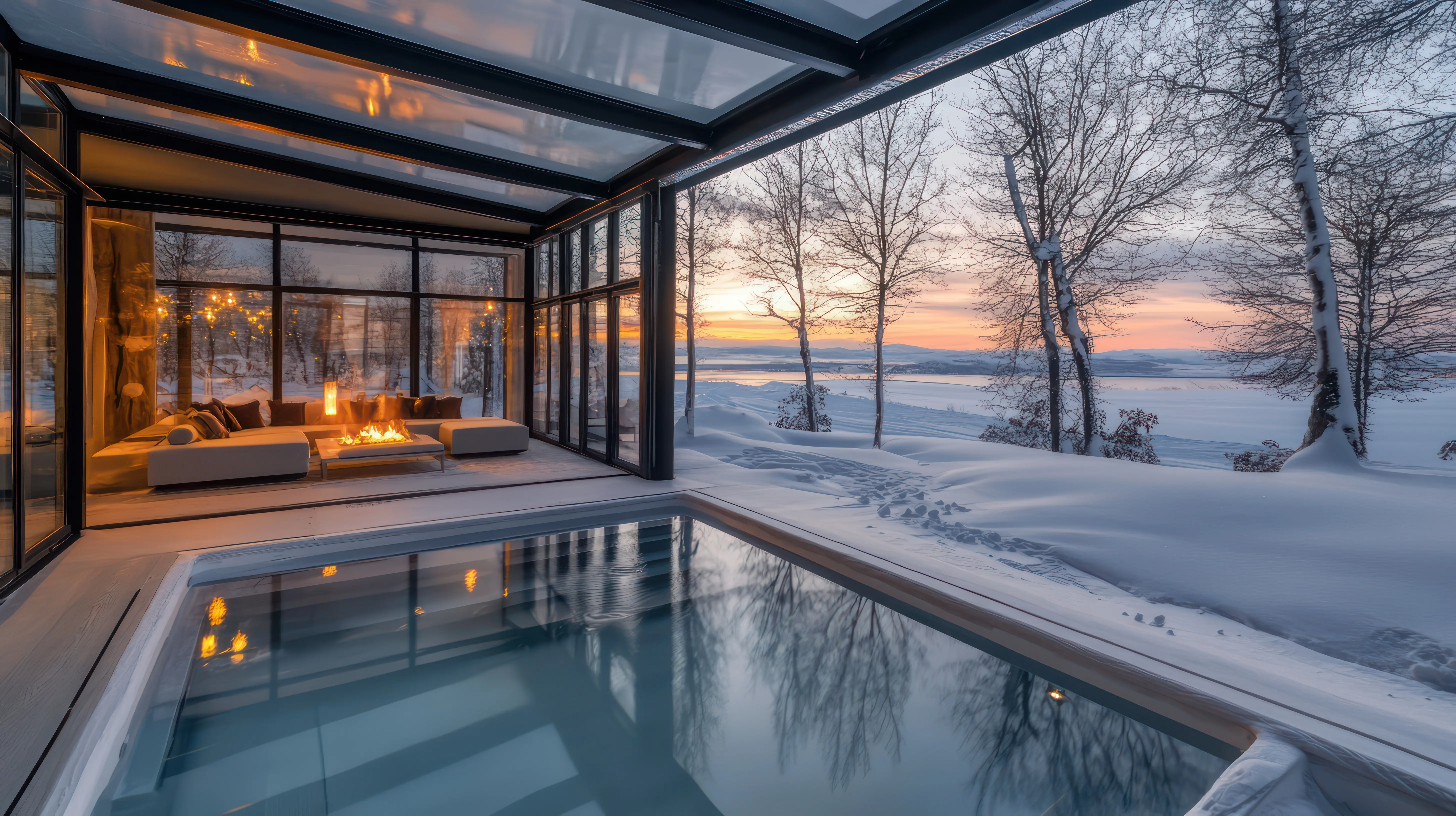 a big pool with a fireplace and trees in the background
