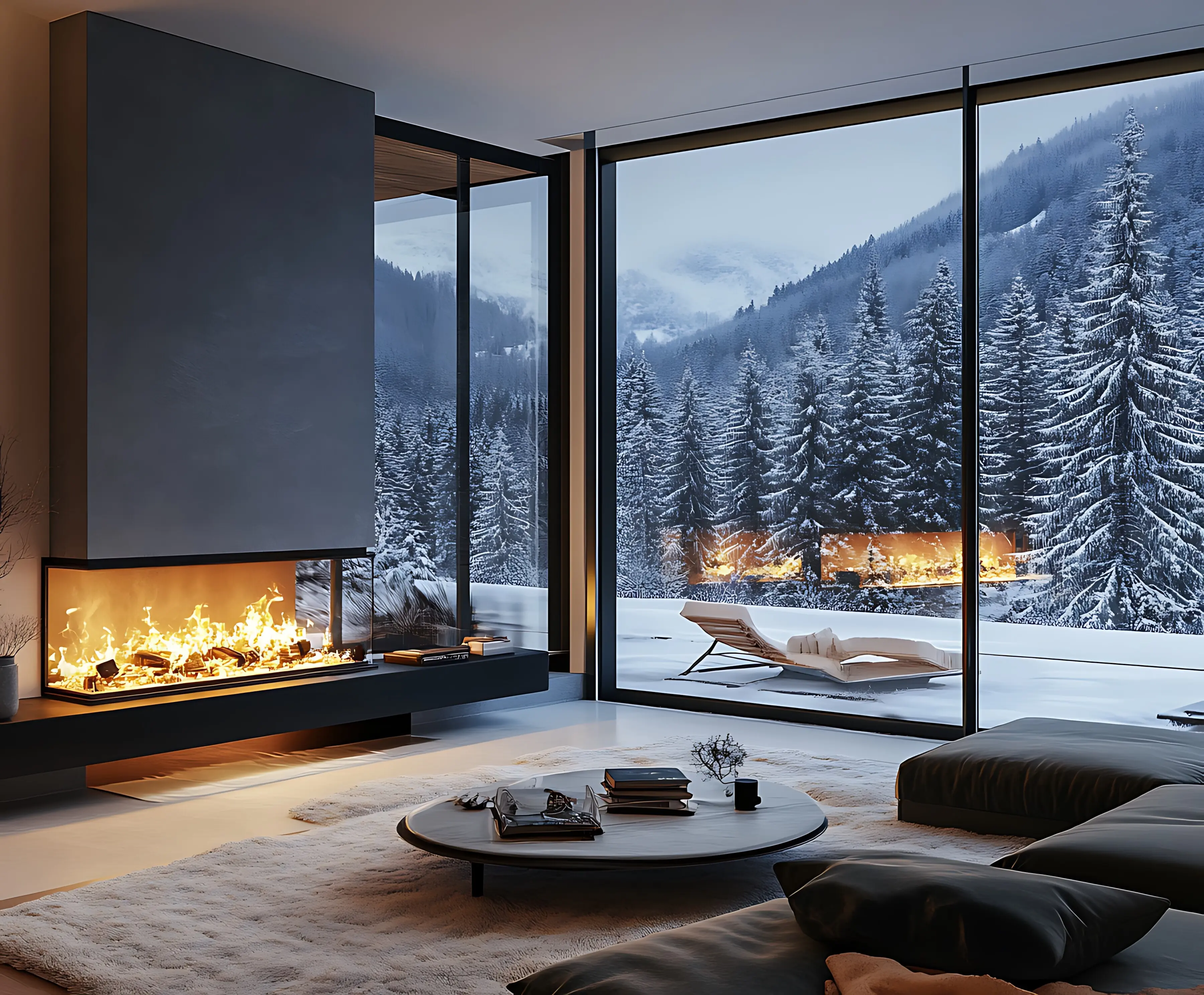 a fireplace looking out at a snow-covered mountain