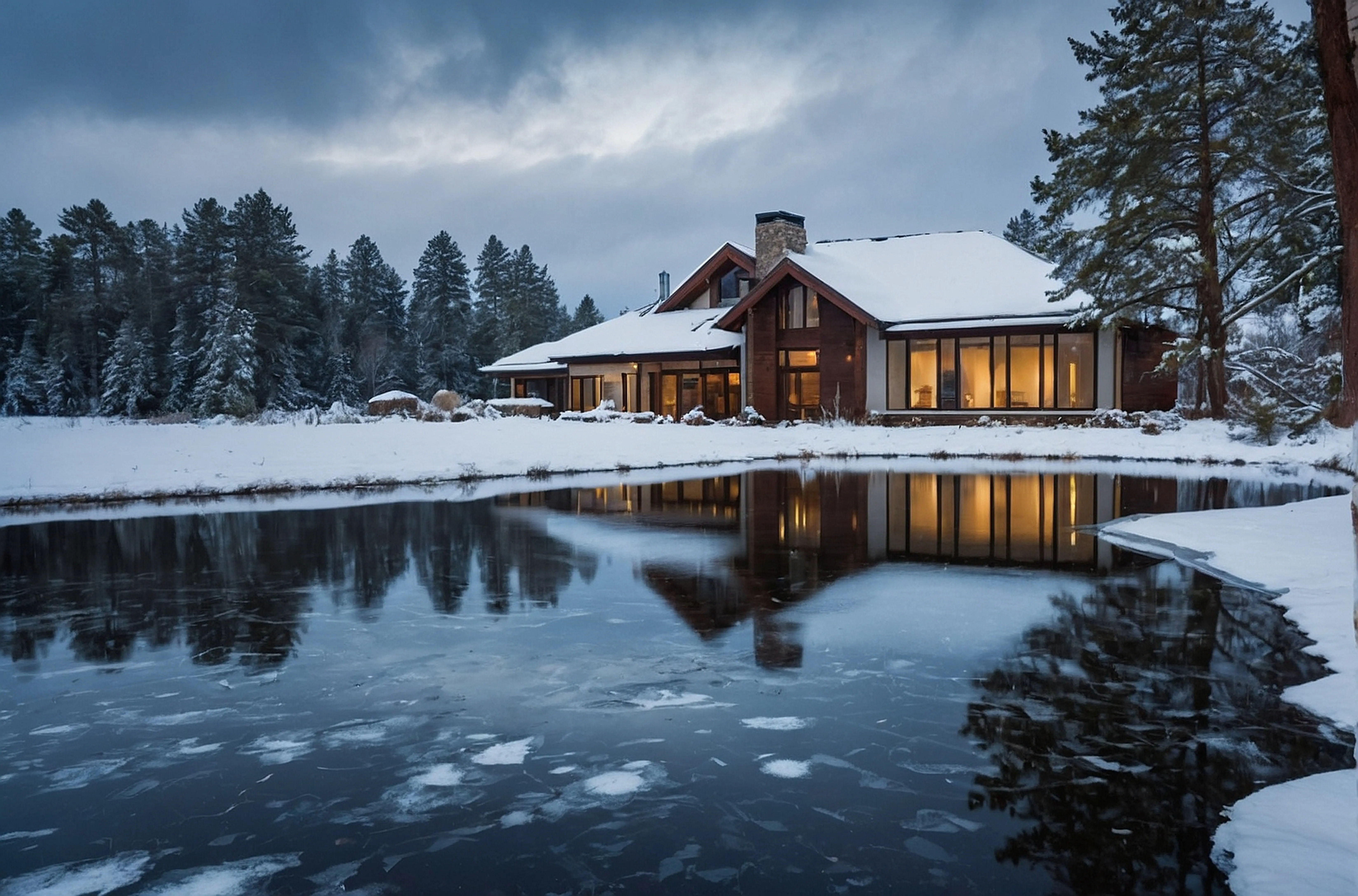 A painting showing a house in the snow, with a pond and trees.