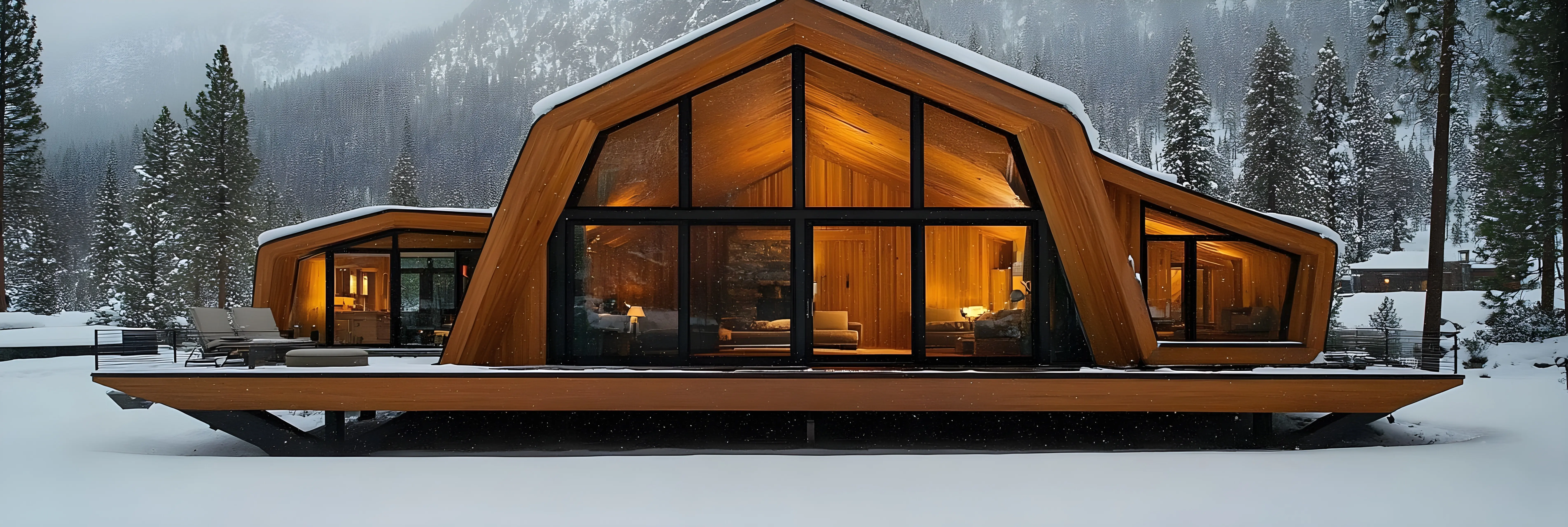 Contemporary wooden cabin with large windows in a snowy forest